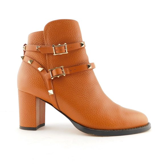 VALENTINO Rockstud Tan Brown Block Heel Ankle Boots 39